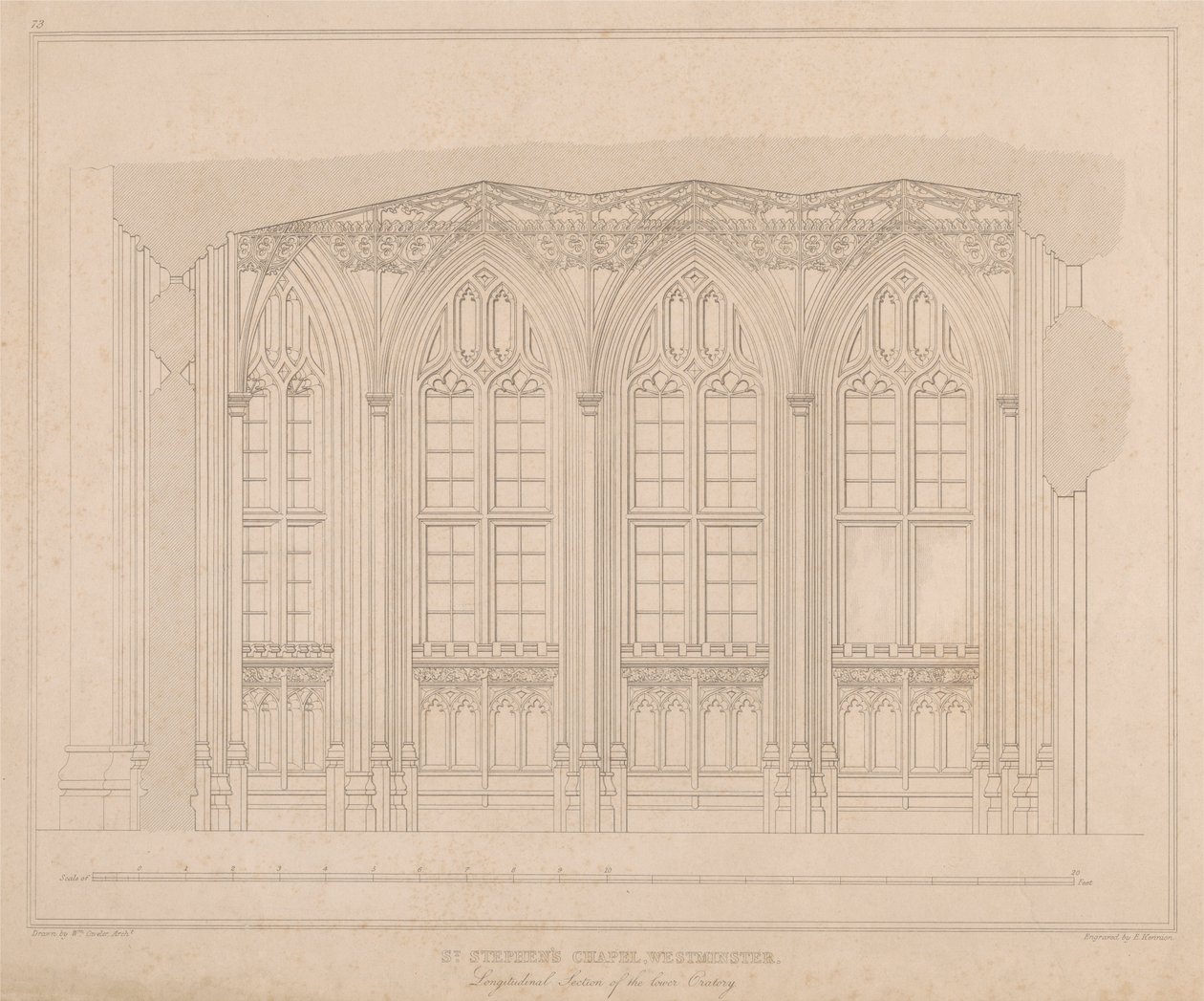 Kaplica św. Szczepana, Westminster - Przekrój podłużny dolnego oratorium autorstwa William Caveler