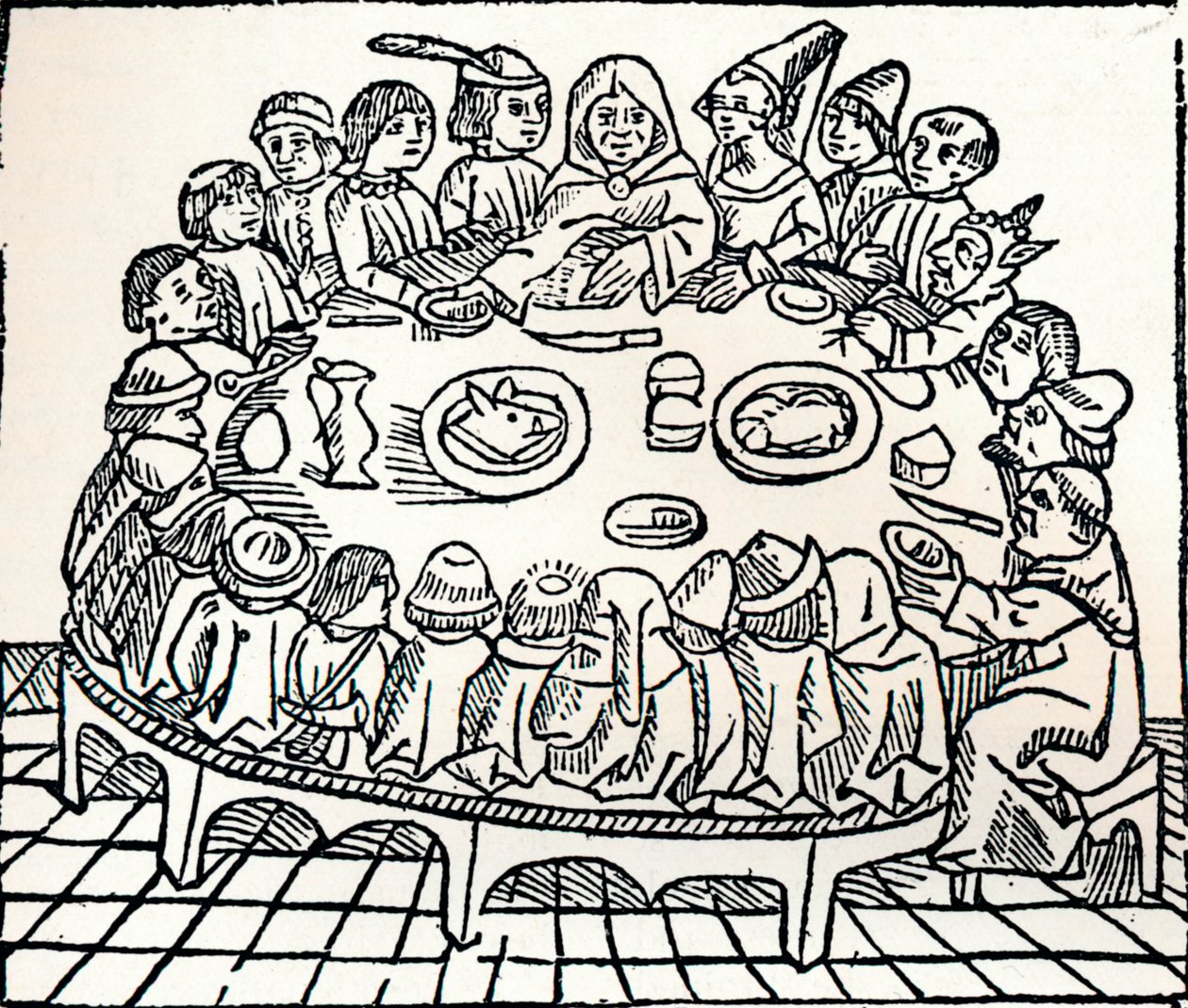 Canterbury Pilgrims siadają do wspólnego posiłku, 1485 autorstwa William Caxton