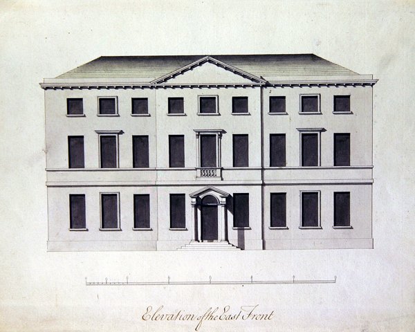 Projekt dla Enville Hall w Staffordshire, ok. 1770 (pióro i atrament z szaroniebieskimi plamami) autorstwa William Chambers