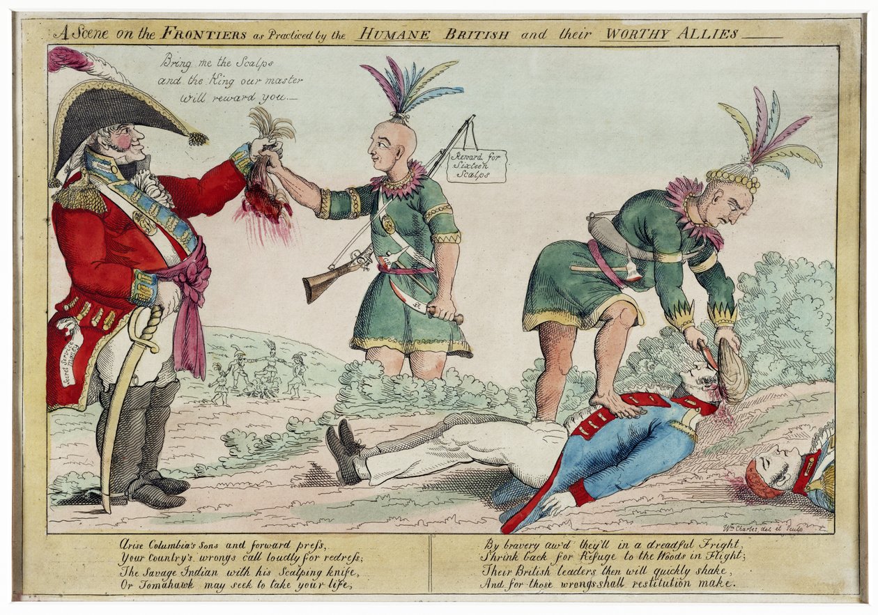 Scena na pograniczach praktykowana przez humanitarnych Brytyjczyków i ich godnych sojuszników, wyd. 1812 (grawerowanie ręcznie kolorowane) autorstwa William Charles