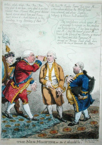 Nowy minister lub jak powinien być, opublikowany luty 1806 (kolorowa rycina) autorstwa William Charles