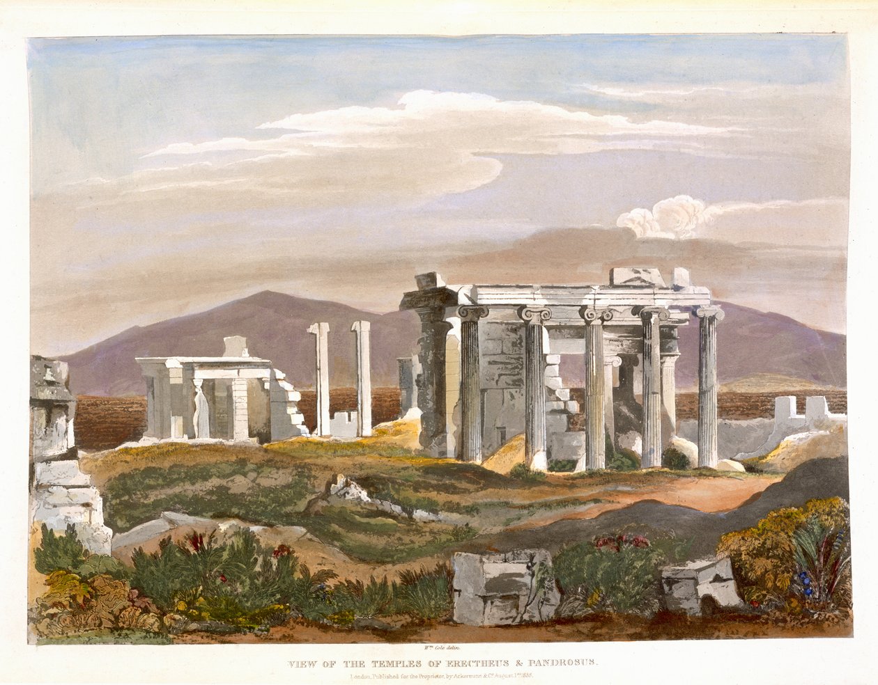 Widok świątyń Erectheusa i Pandrosusa, Akropolu, z „Wybrane widoki pozostałości starożytnych zabytków w Grecji”, opublikowane przez Ackermann, Londyn 1835 autorstwa William Cole