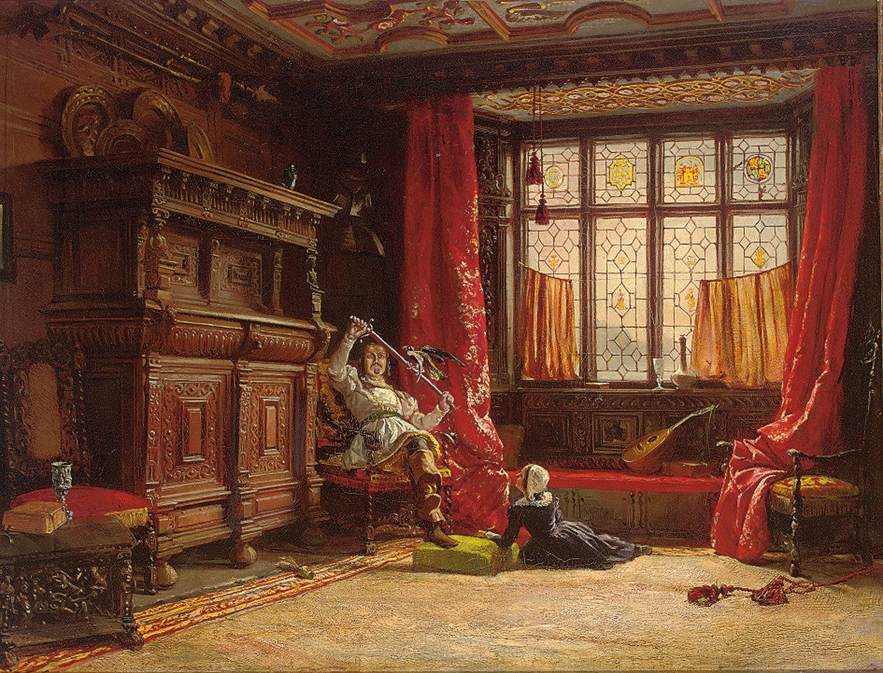 Kawaler w zaciemnionym wnętrzu, ptak na mieczu, 1843 autorstwa William Collingwood