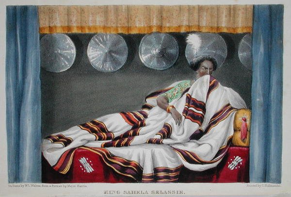Król Sahela Selassie z „The Highlands of Aethiopia” majora W. Cornwallisa Harrisa, grawerowane przez W.L. Walton (fl.1834-55) i Charles Joseph Hullmandel (1789-1850) wydali 1844 (ręcznie barwiona litografia) autorstwa William Cornwallis (after) Harris