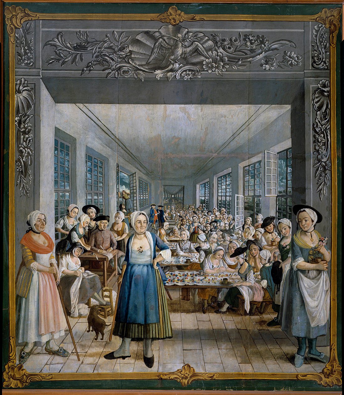 Indyjska fabryka tkanin braci Wetter: warsztat robotniczy Obraz Josepha Gabriela Rossettiego (XVIII wiek). 1764 Orange, Musee Municipal - Manufaktura indyjskiej tkaniny braci Wetterów: warsztat żeński. Obraz Josepha Gabriela Ross autorstwa William Crawford