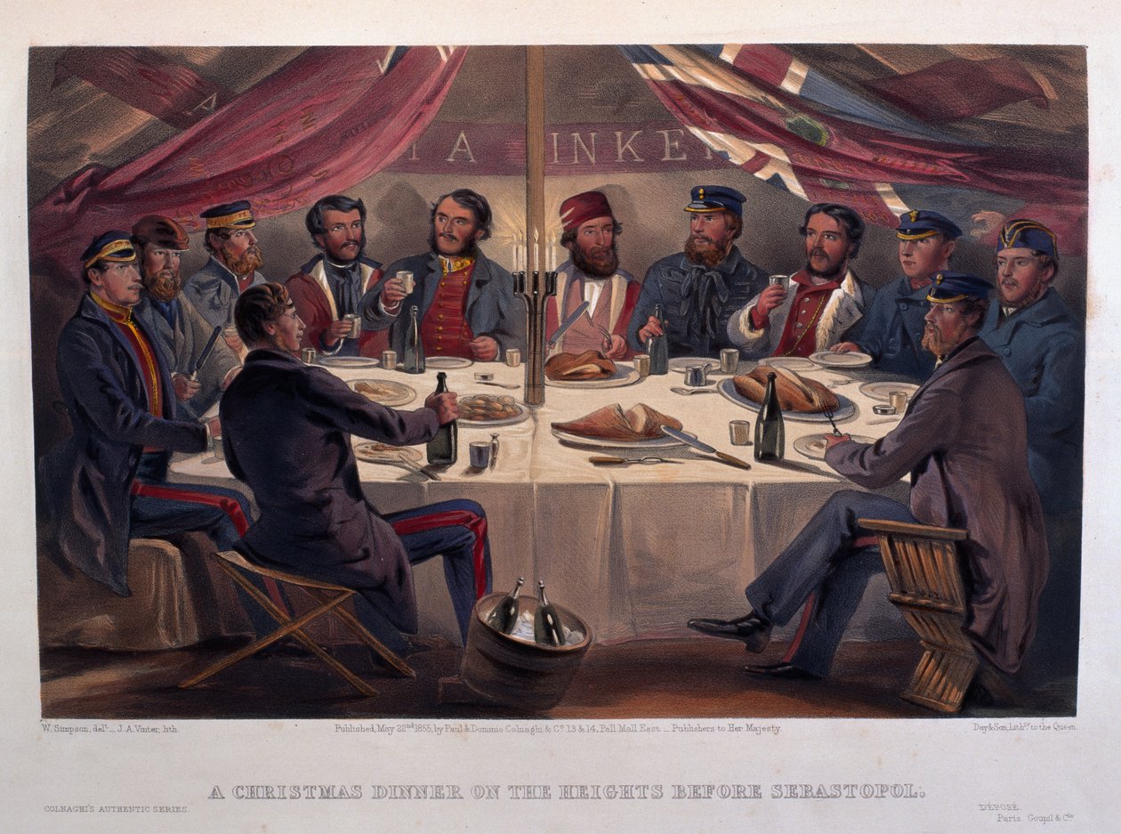 Kolacja wigilijna na wzgórzach przed Sewastopolem, ryty J.A. Vinter, z „The Seat of War in the East – First Series”, opublikowanej przez Colnaghi und Co., 1855 autorstwa William Crimea Simpson