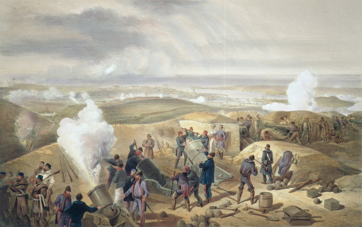 Gorący dzień na bateriach, płyta z filmu „Siedziba wojny na wschodzie”, wyd. autor: Paul und Dominic Colnaghi und Co., 1856 autorstwa William Crimea Simpson