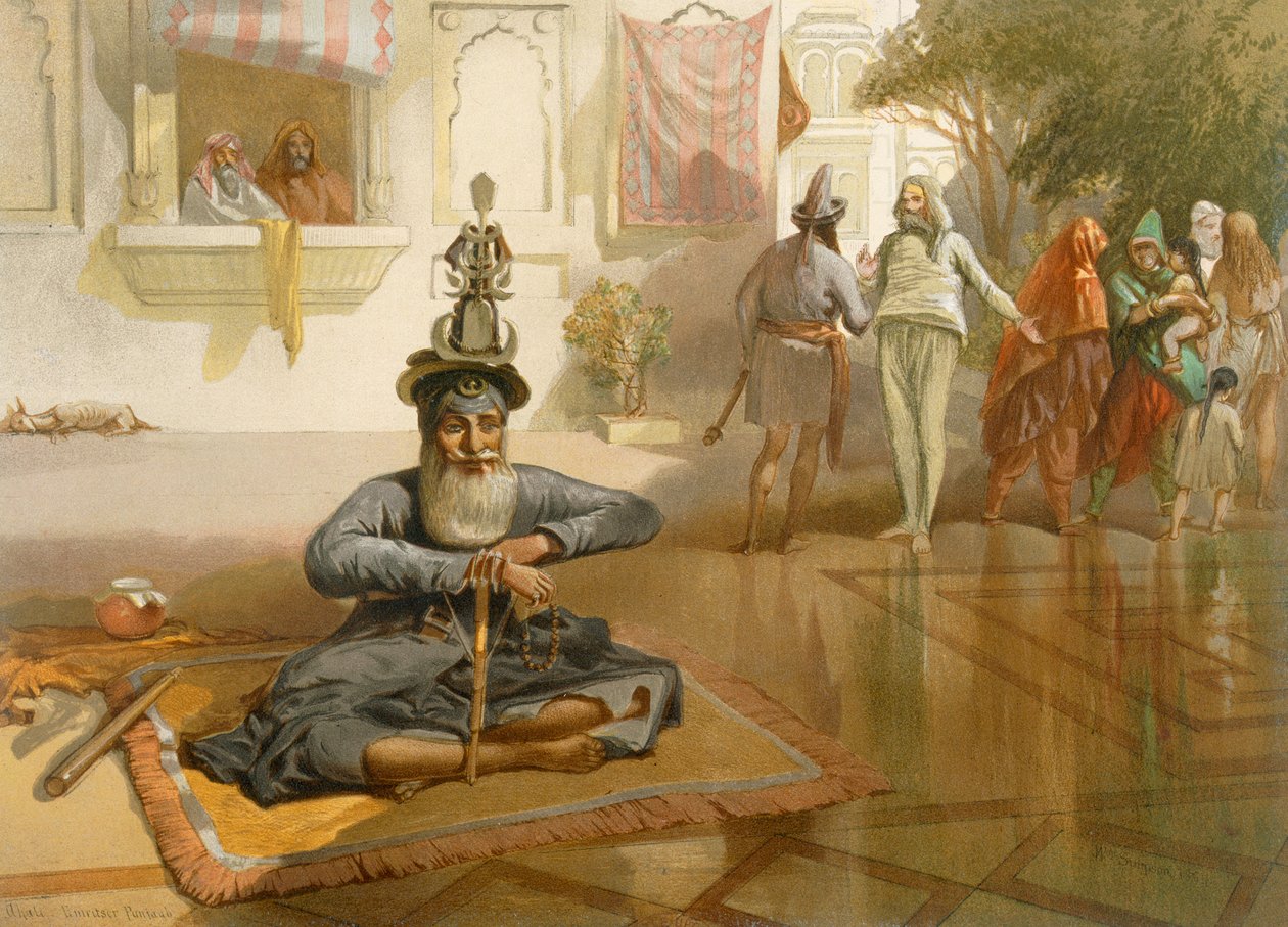 Akali w Świętym Zbiorniku, Amritsar, z „Indie Ancient and Modern”, 1867 autorstwa William Crimea Simpson