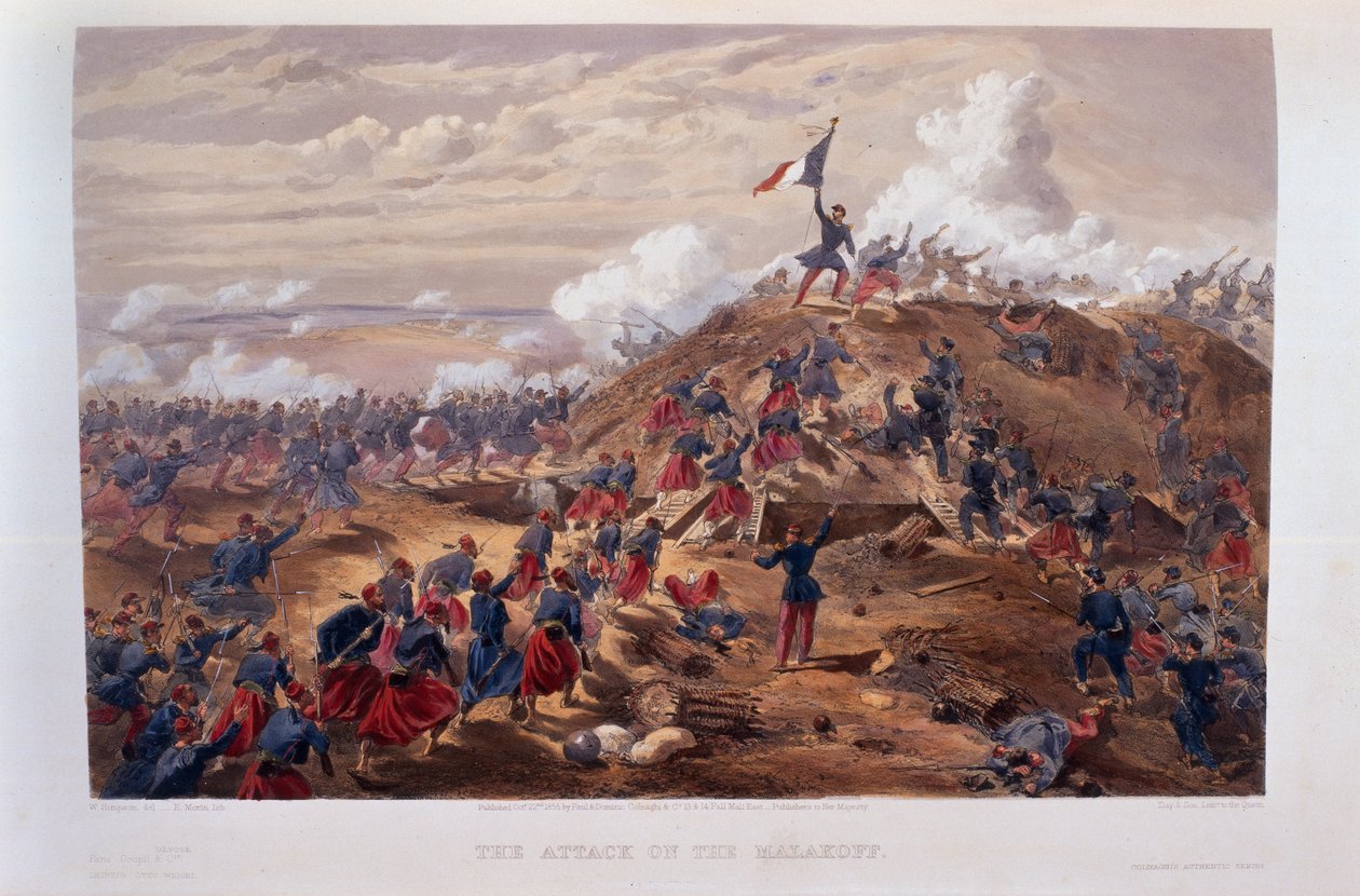 Atak na Malakoff, grawerowane przez Edmonda Morina (1824-82) z „The Seat of War in the East - Second Series”, opublikowanej przez Colnaghi und Co., 1855 autorstwa William Crimea Simpson