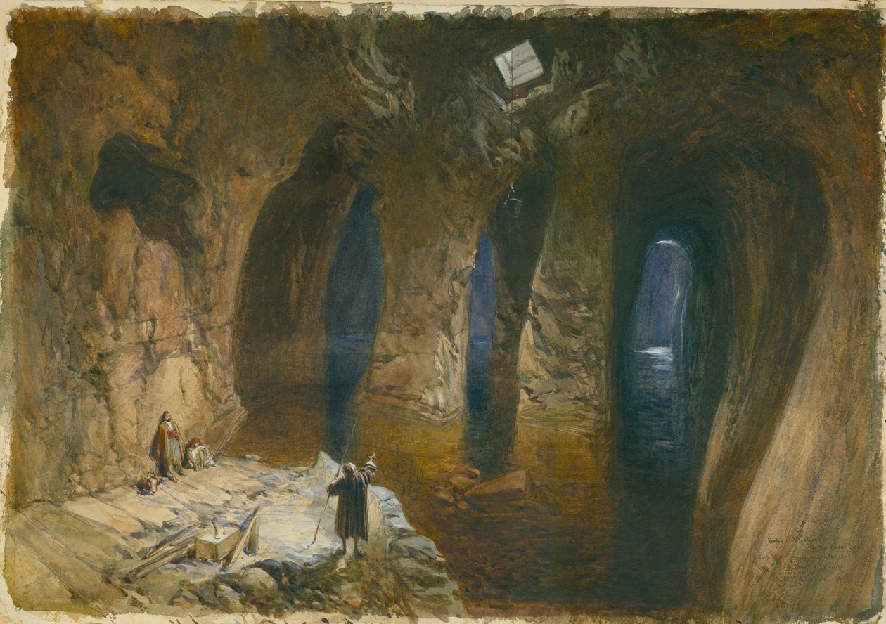 Bahr el Khabeer lub Wielkie Morze - cysterna wykuta w skale pod miejscem, gdzie znajdowała się Świątynia Salomona, 1870 (wc i ołówek na papierze) autorstwa William Crimea Simpson