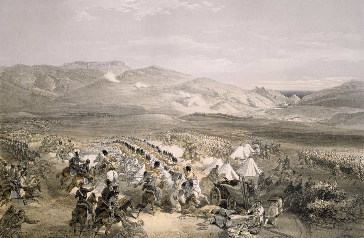 Szarża Brygady Ciężkiej Kawalerii w bitwie pod Balaclava 25 października 1854 r., rycina E. Walker, wyd. 1855 autorstwa William Crimea Simpson