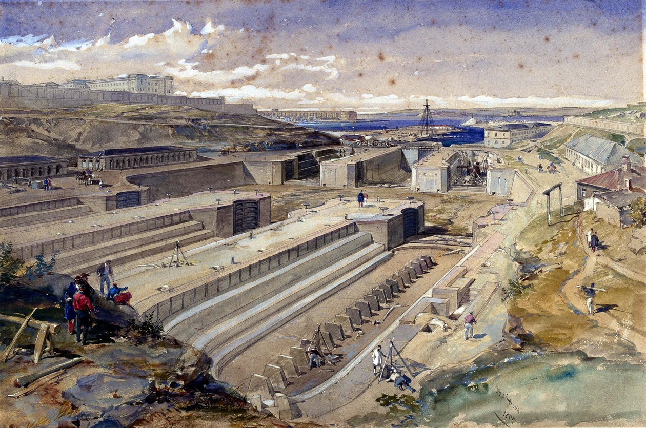 Doki w Sewastopolu z ruinami fortu St Paul, 1855 autorstwa William Crimea Simpson