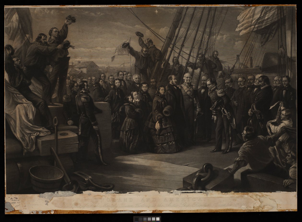 Anglia i Ameryka. Wizyta Jej Królewskiej Mości Królowej Wiktorii na arktycznym statku Resolute, 16 grudnia 1856, ok. 1859 (rycina, sztych, tablica) autorstwa William 