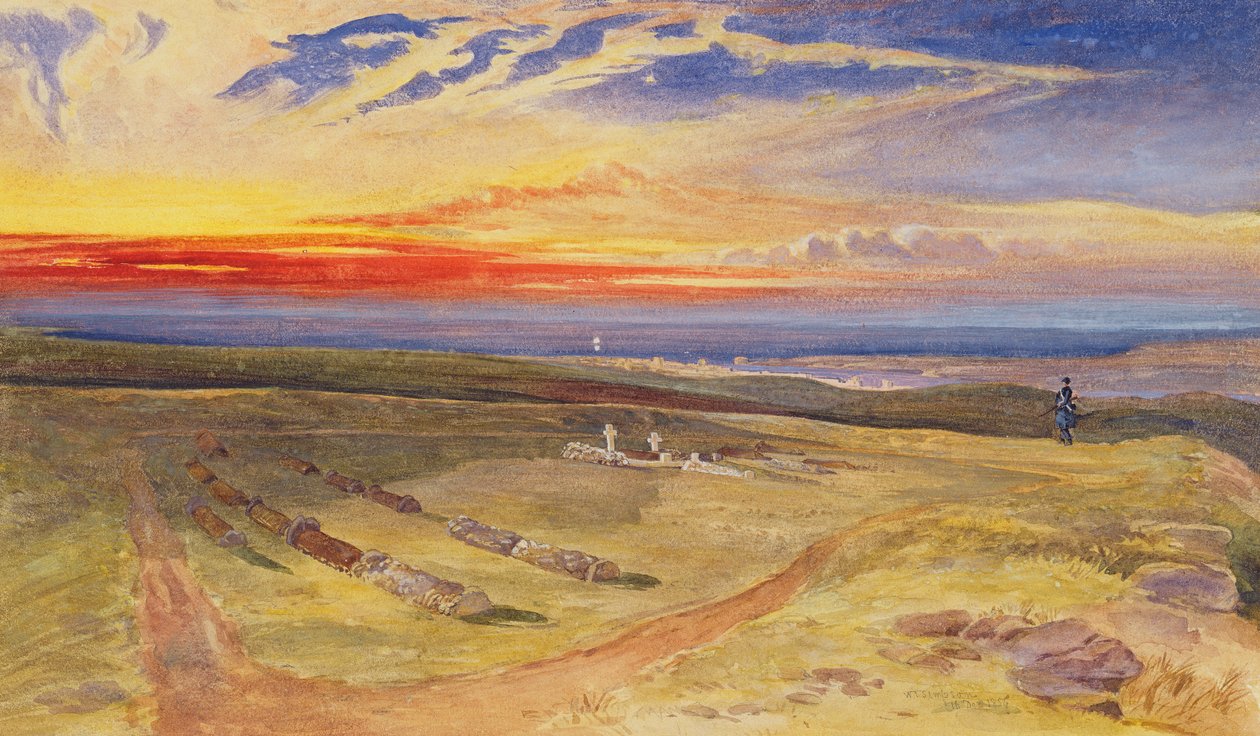 Groby oficerów w forcie na wzgórzu Cathcart, 1854 (wc i kolor nadwozia nad grafitem na papierze) autorstwa William Crimea Simpson
