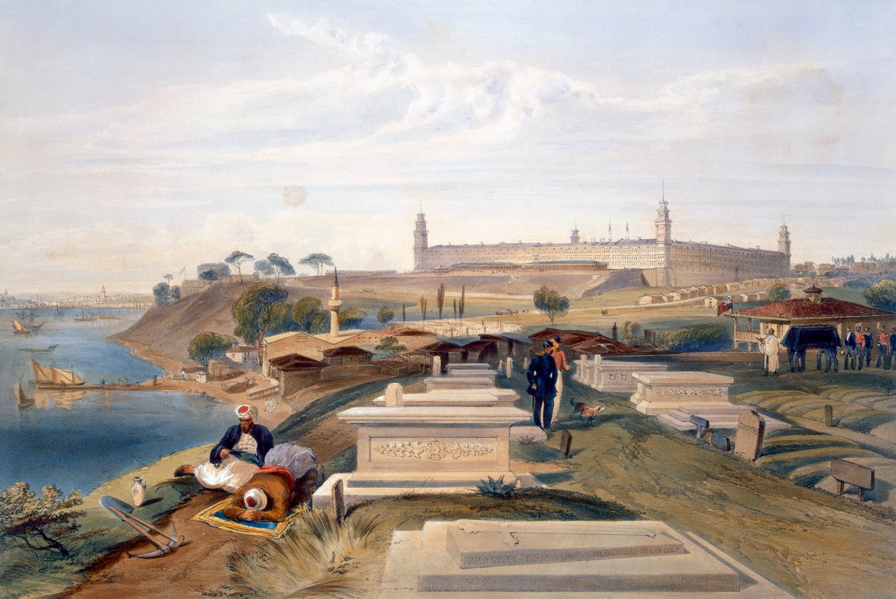 Szpital i cmentarz, Scutari, tablica z „Siedziba wojny na wschodzie”, wyd. autor: Paul und Dominic Colnaghi und Co., 1856 autorstwa William Crimea Simpson