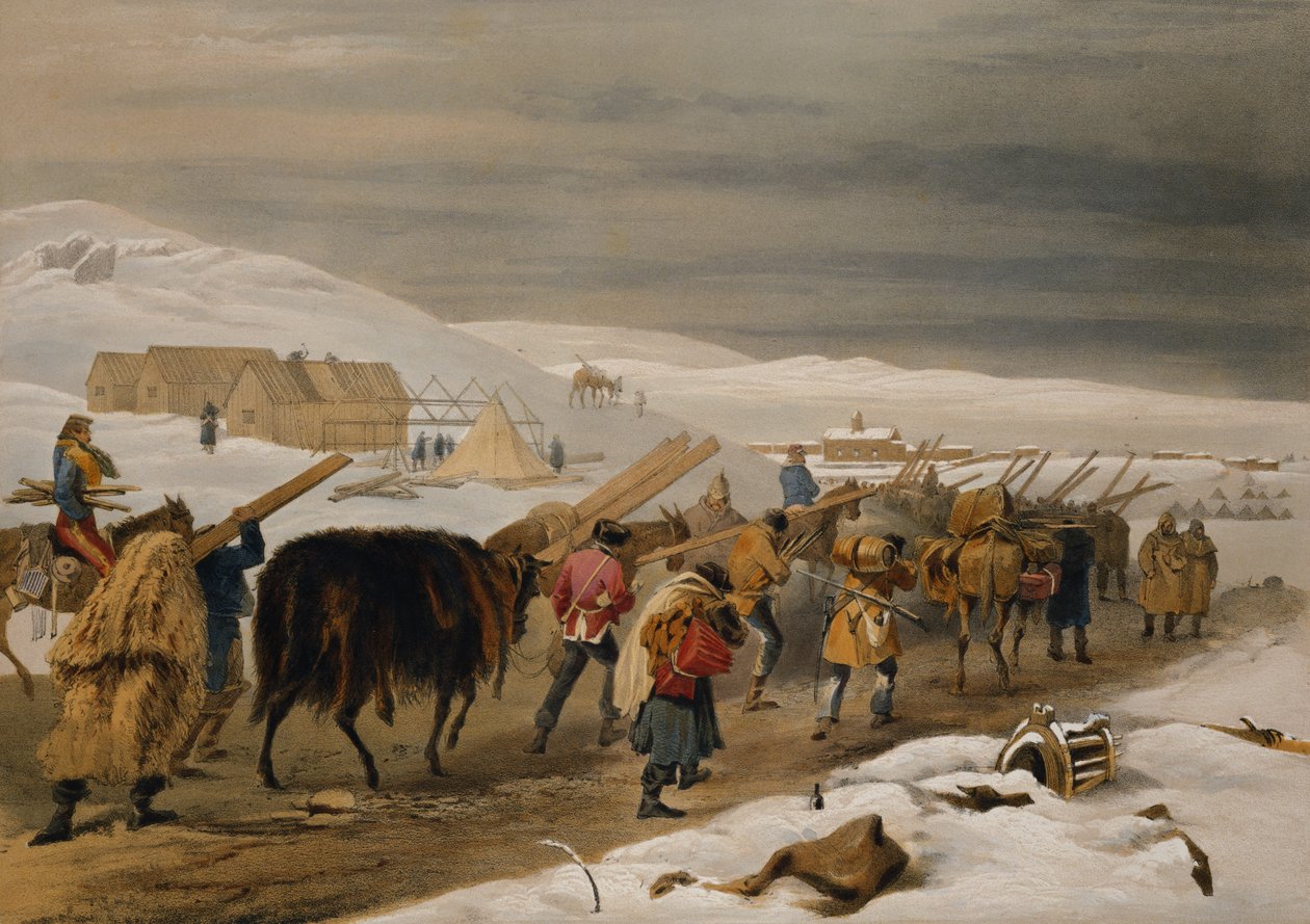 Chaty i ciepła odzież dla wojska, tablica z „Siedziba wojny na wschodzie”, wyd. autor: Paul und Dominic Colnaghi und Co., 1856 autorstwa William Crimea Simpson