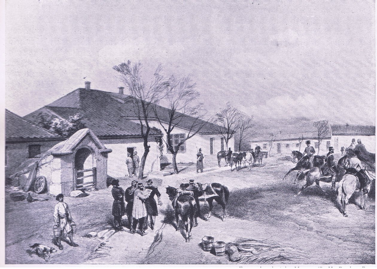 Siedziba Lorda Raglansa w Khutor-Karagatch, ilustracja z brytyjskich bitew na lądzie i morzu, 1915 autorstwa William Crimea Simpson