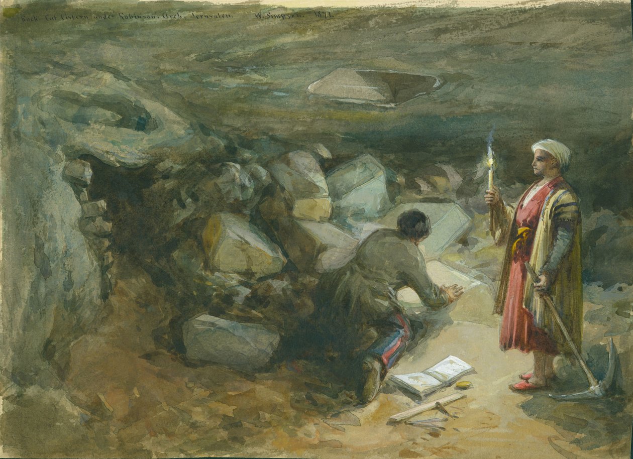 Cysterna wykuta w skale pod Łukiem Robinsona, Jerozolima, 1871 (wc i ołówek na papierze) autorstwa William Crimea Simpson