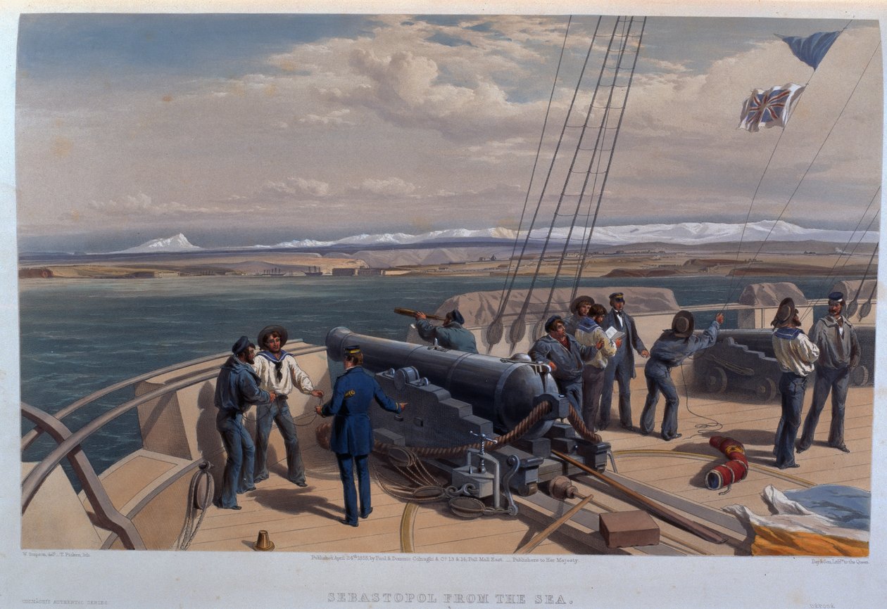 Sewastopol znad morza, grawerowane przez T. Pickena, z „The Seat of War in the East – First Series”, wydanego przez Colnaghi und Co., 1855 autorstwa William Crimea Simpson