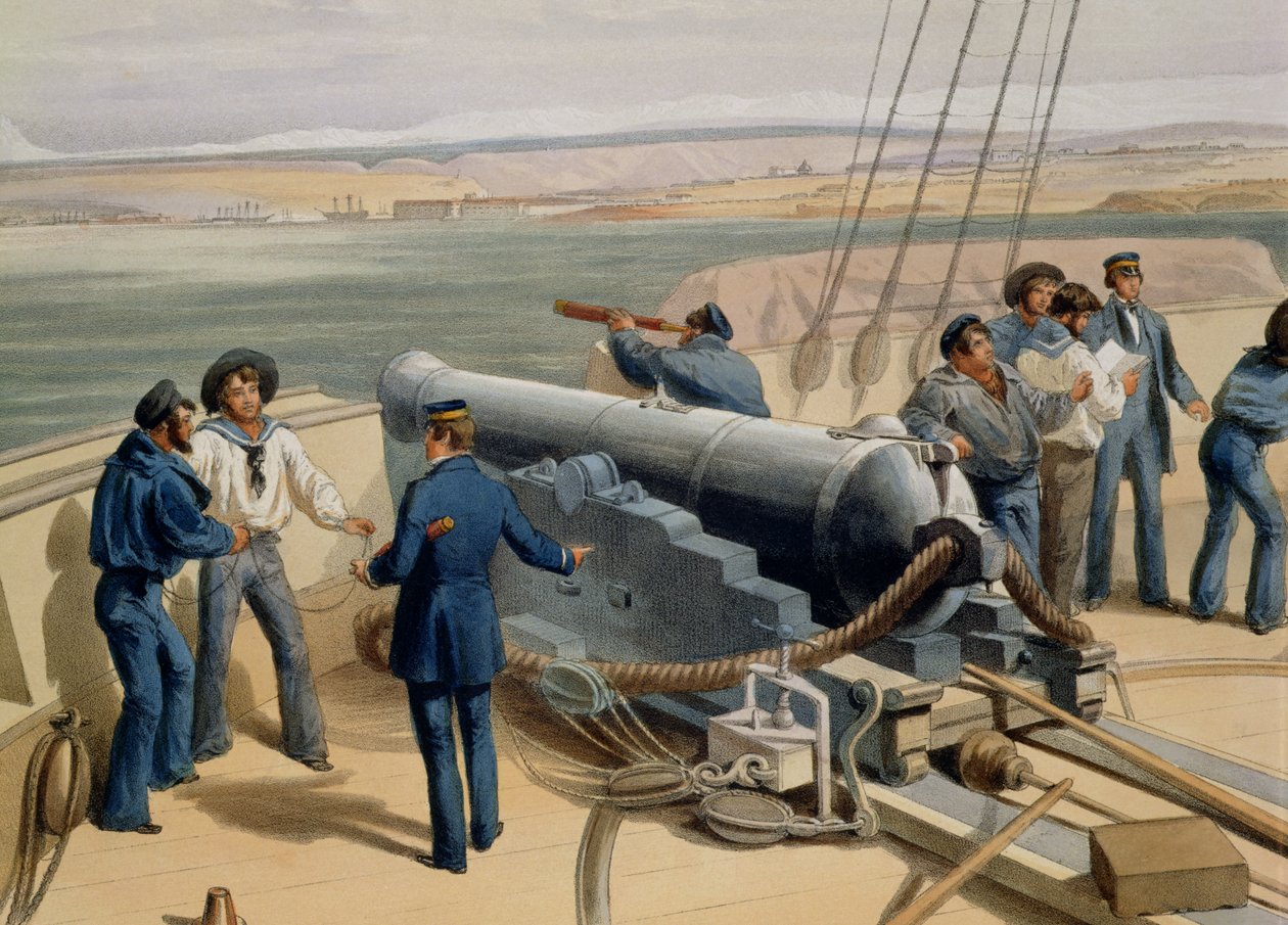 Sewastopol znad morza, tablica z Siedziba wojny na wschodzie, wydana przez Colnaghi and Co., 1856 kolor lito detal z 142010 autorstwa William Crimea Simpson