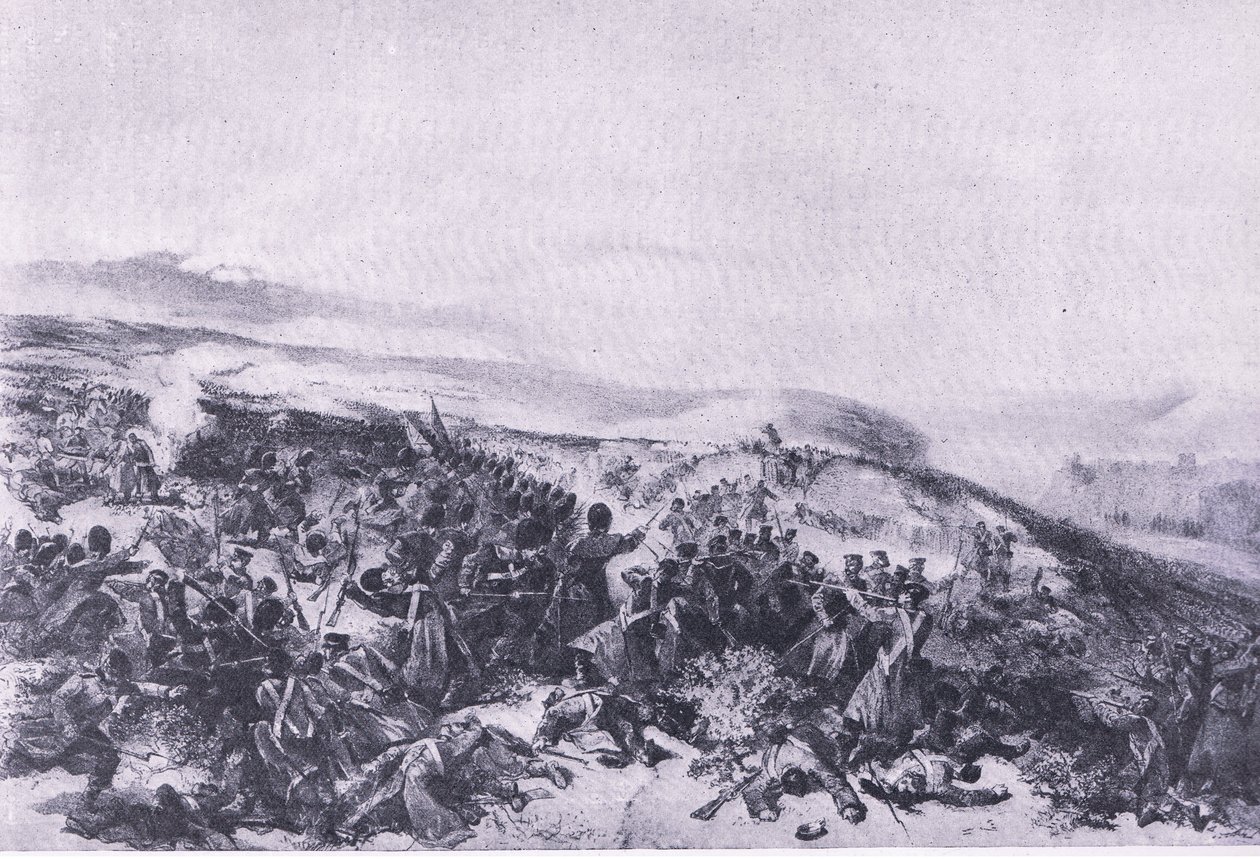 Drugi atak Gwardii, gdy odbili dwie baterie dział w bitwie pod Inkerman, ilustracja z brytyjskich bitew lądowych i morskich, 1915 autorstwa William Crimea Simpson