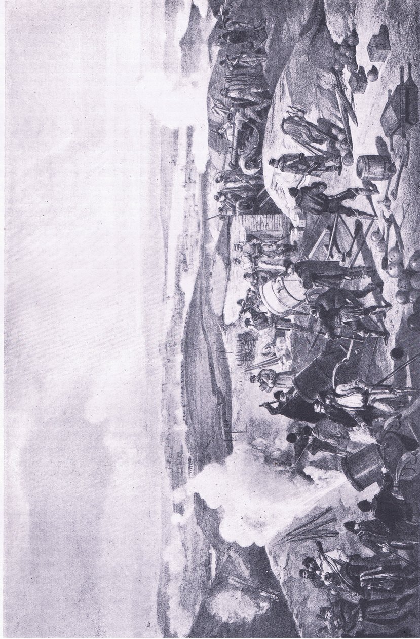Sewastopol: upalny dzień na bateriach, ilustracja z brytyjskich bitew na lądzie i morzu, 1915 autorstwa William Crimea Simpson