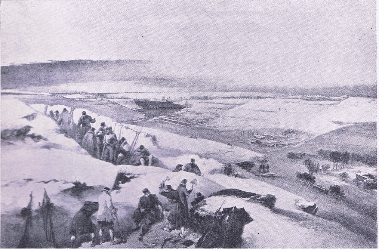 Sewastopol z baterii po prawej stronie ataku francuskiego, ilustracja z brytyjskich bitew lądowych i morskich, 1915 autorstwa William Crimea Simpson