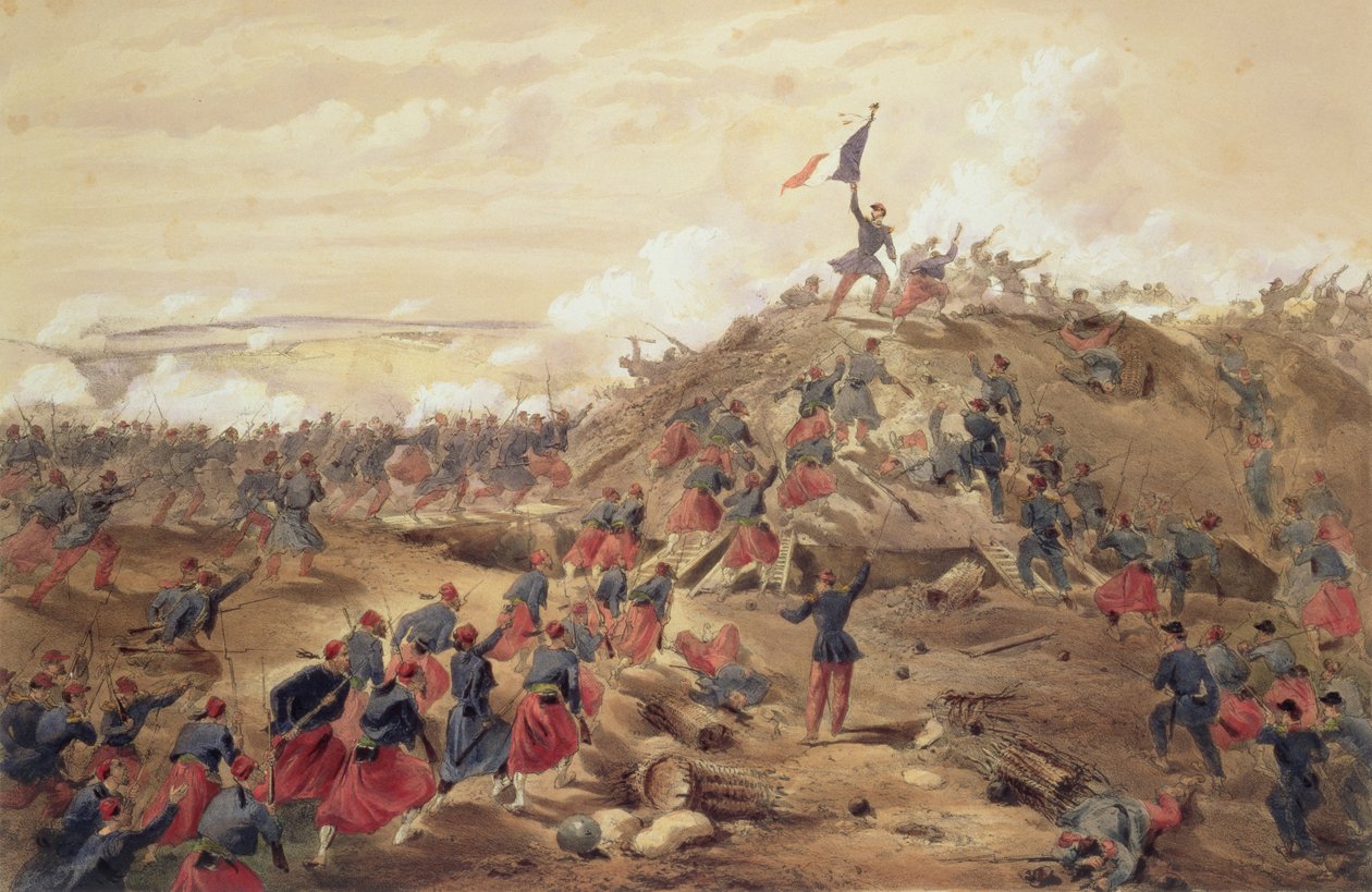 Atak na Malakoffa, płyta z filmu „Siedziba wojny na wschodzie”, wyd. autor: Paul und Dominic Colnaghi und Co., 1856 autorstwa William Crimea Simpson