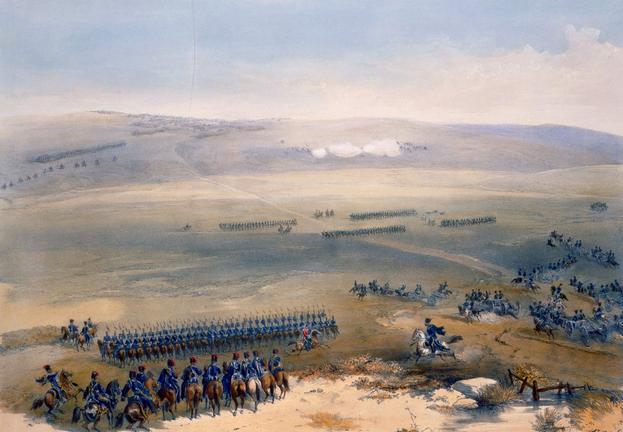 Sprawa kawalerii na wzgórzach Bulganak: pierwsza broń, zdjęcie z "The Seat of War in the East", opublikowane przez Paul und Dominic Colnaghi und Co., 1856 autorstwa William Crimea Simpson