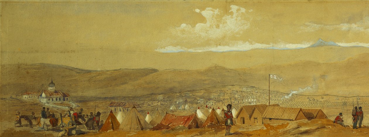 Krym: Panoramiczny widok Sewastopola ukazujący obozy wojskowe i port; i panoramiczny widok Inkermana pokazującego obóz wojskowy i kawalerię o świcie, autorstwa William Crimea Simpson