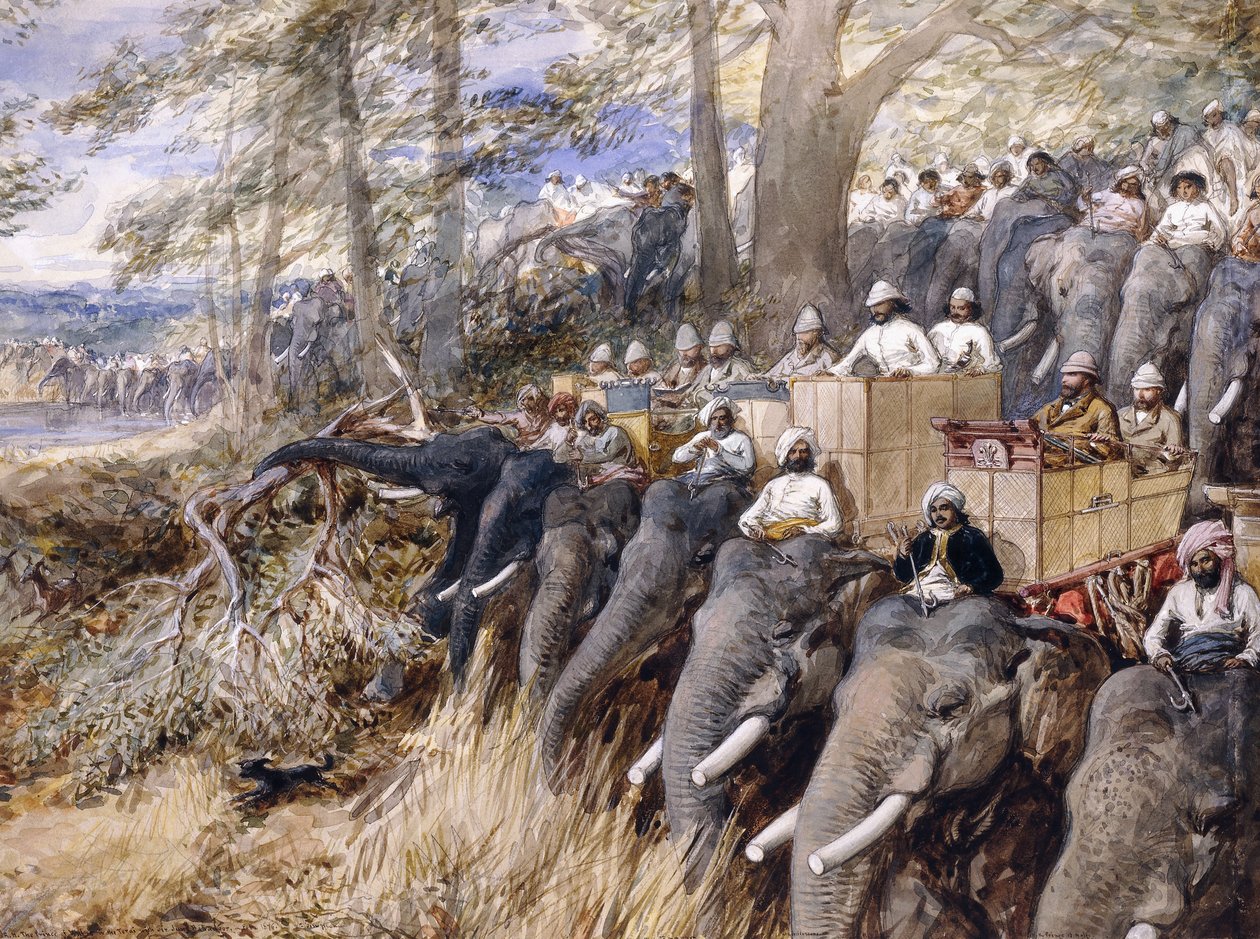 Książę Walii w Terai bije dżunglę z Sir Jung Bahadur Rana, 1876 autorstwa William Crimea Simpson