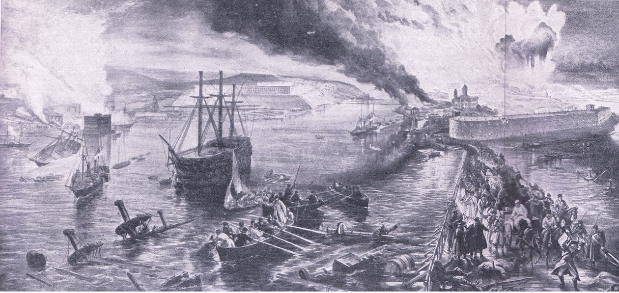 Upadek Sewastopola i wycofanie się Rosjan, 8 września 1855, ilustracja z brytyjskich bitew lądowych i morskich, 1915 autorstwa William Crimea Simpson