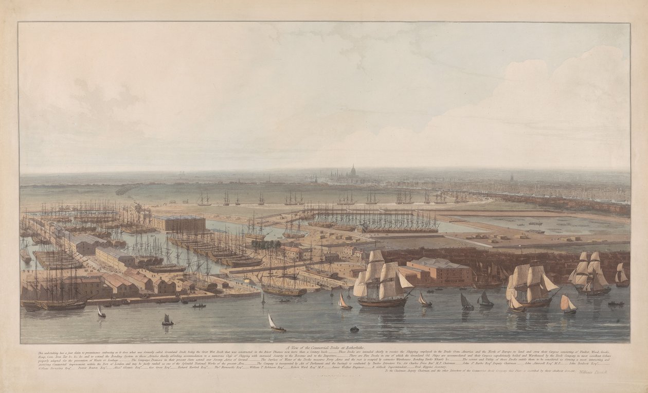 Widok na doki handlowe w Rotherhithe autorstwa William Daniell