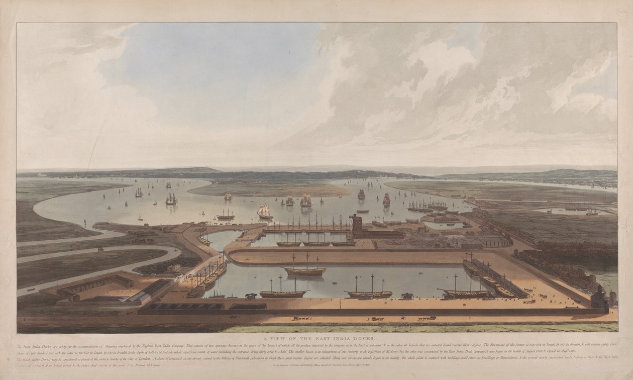 Widok na doki East India Docks autorstwa William Daniell