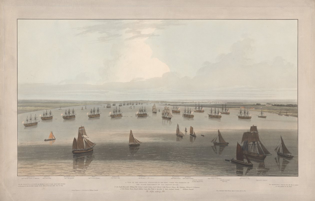 Widok fregat stacjonujących w Hope pod dowództwem starszych braci Trinity House, estuarium Tamizy autorstwa William Daniell