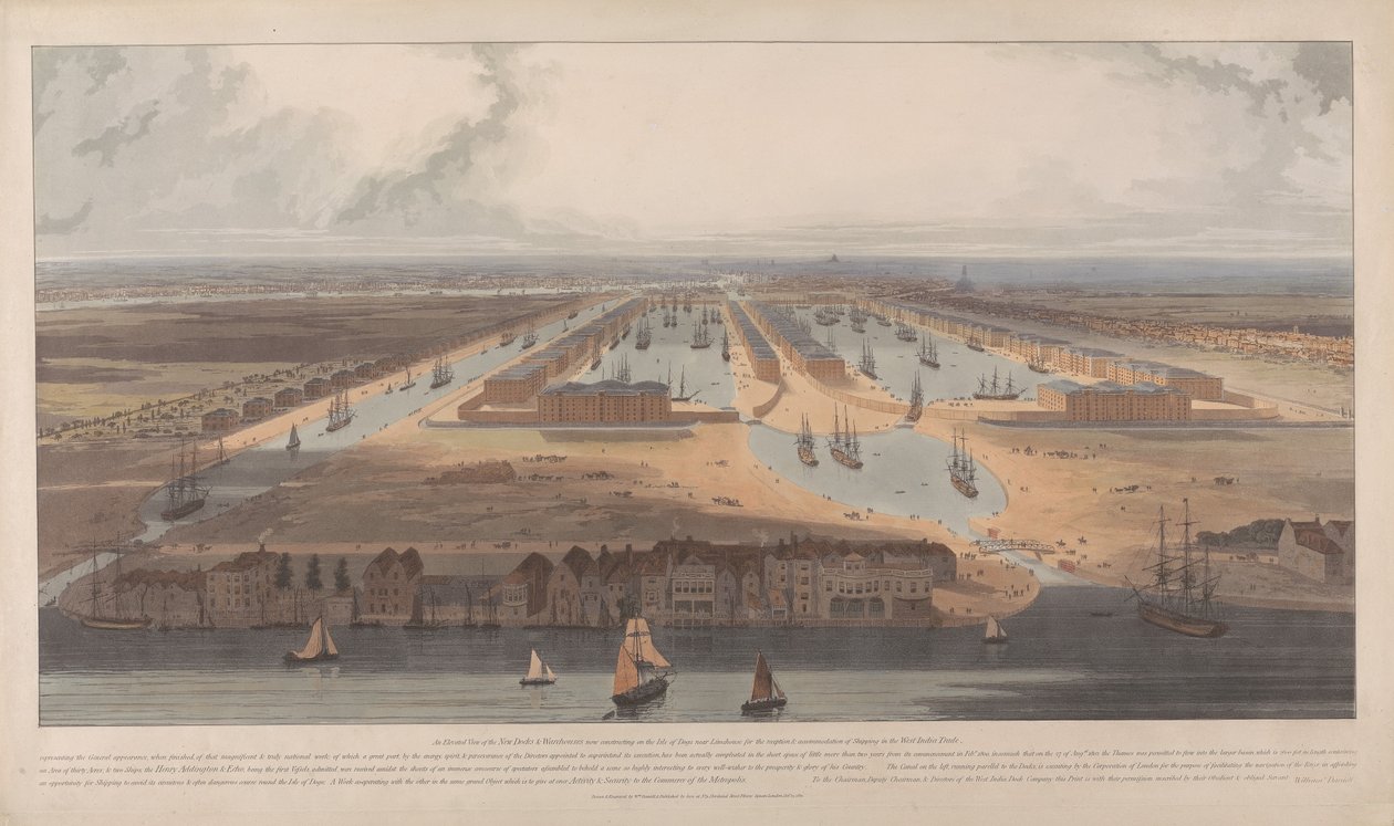 Widok na doki West India Docks autorstwa William Daniell