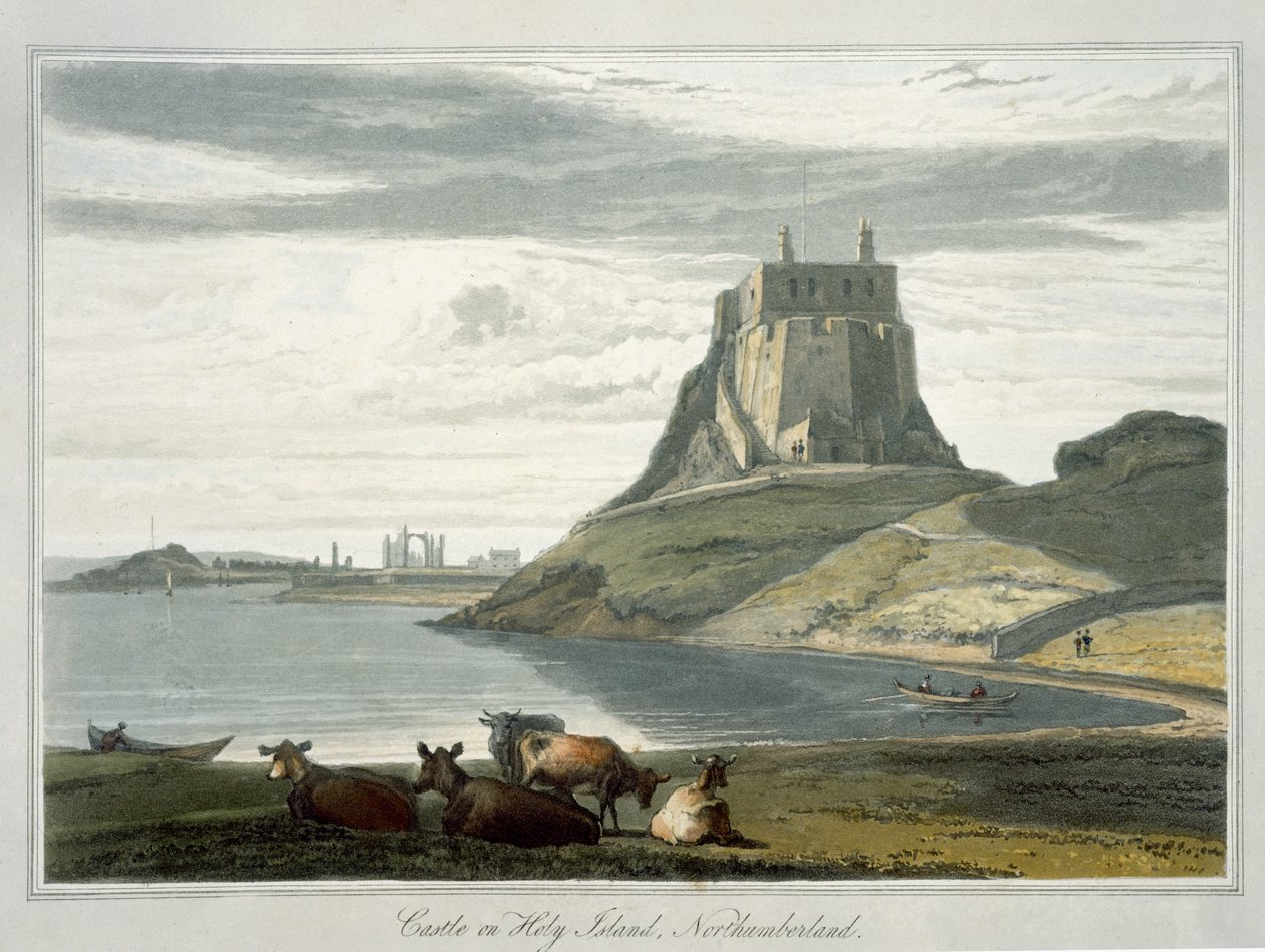 Zamek na Świętej Wyspie, Northumberland, z „Podróży po Wielkiej Brytanii podjęta między latami 1814 a 1825” z 1822 r. (akwatinta) autorstwa William Daniell