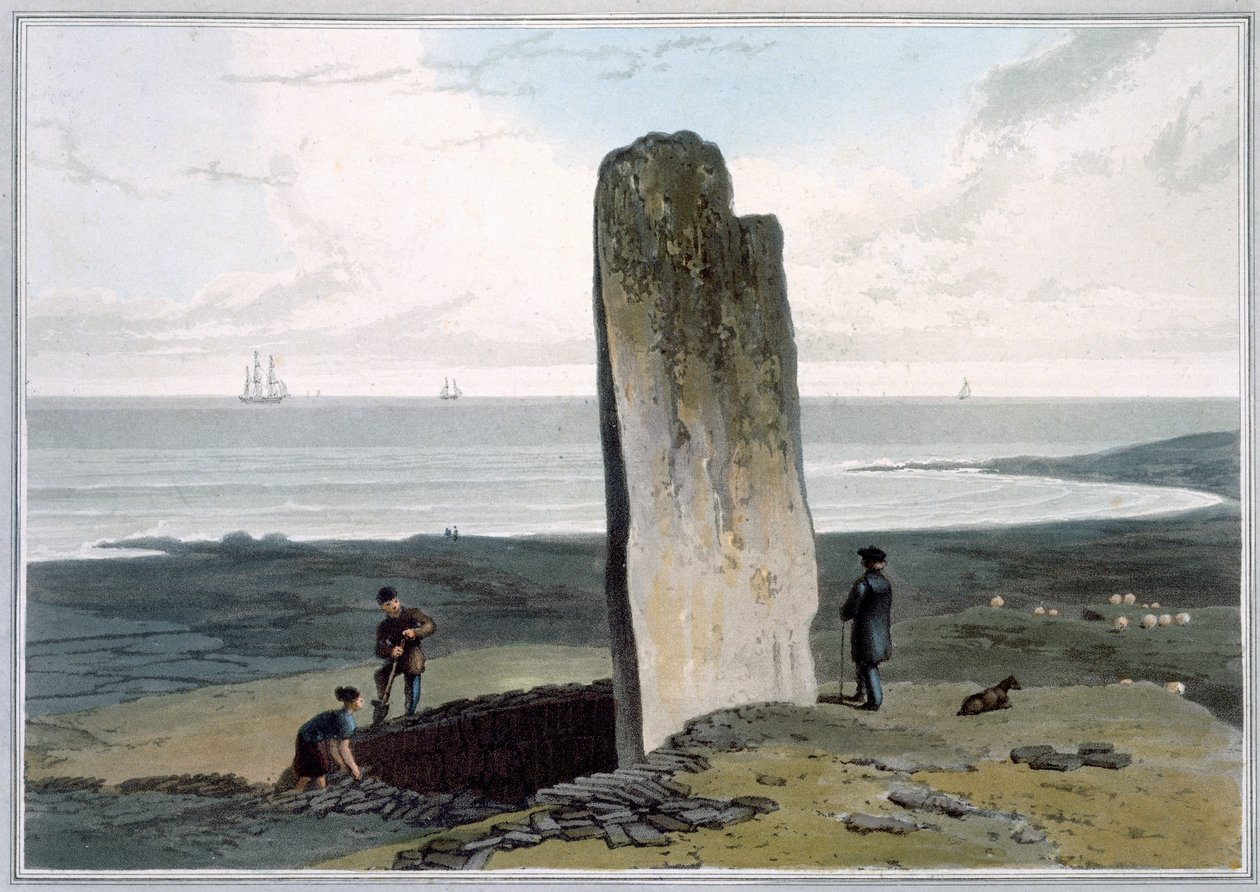 „Druidical Stone w Strather niedaleko Barvas, Isle of Lewis”, Hebrydy, Szkocja, 1820. autorstwa William Daniell