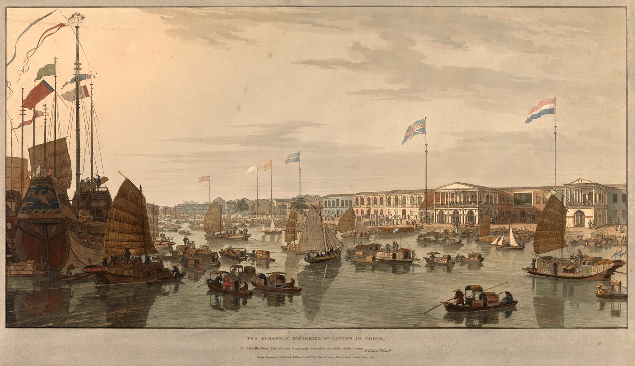 Europejskie punkty handlowe (Kompanie Wschodnioindyjskie) w Kantonie w Chinach. Narysowany i wygrawerowany przez Williama Daniella (1769-1837) w 1805 r. autorstwa William Daniell