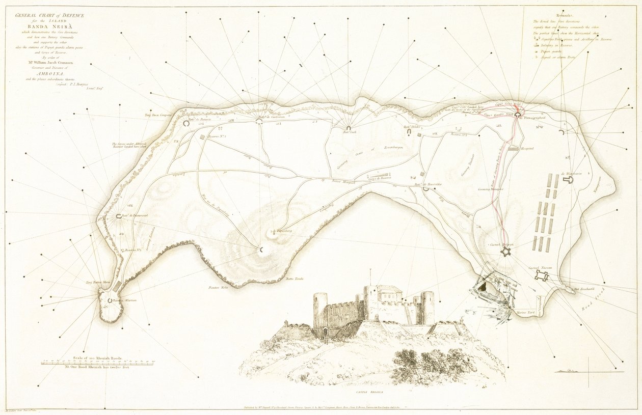 Ogólny plan obrony wyspy Banda Neira, początek XIX wieku (kolorowa akwaforta) autorstwa William Daniell