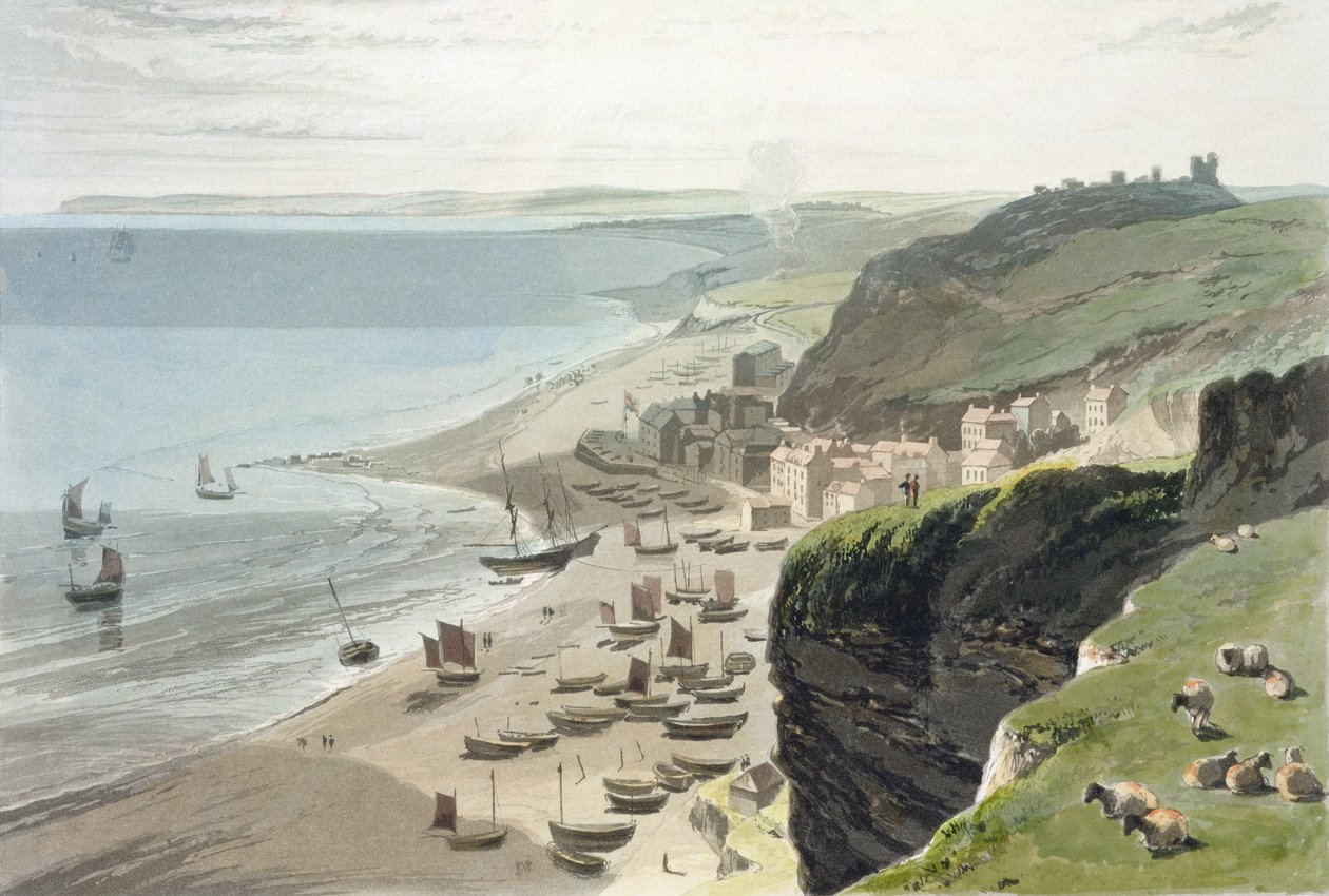 Hastings, z East Cliff, z „Podróży po Wielkiej Brytanii podjęta między latami 1814 i 1825”, opublikowana w 1823 r. autorstwa William Daniell