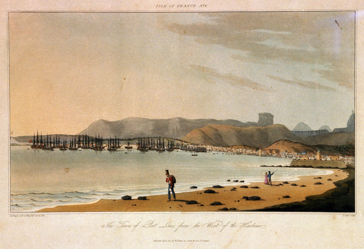Ile de France (Mauritius), widok na miasto Port Louis z zachodniej części portu. Akwaforta w kolorach autorstwa William Daniell
