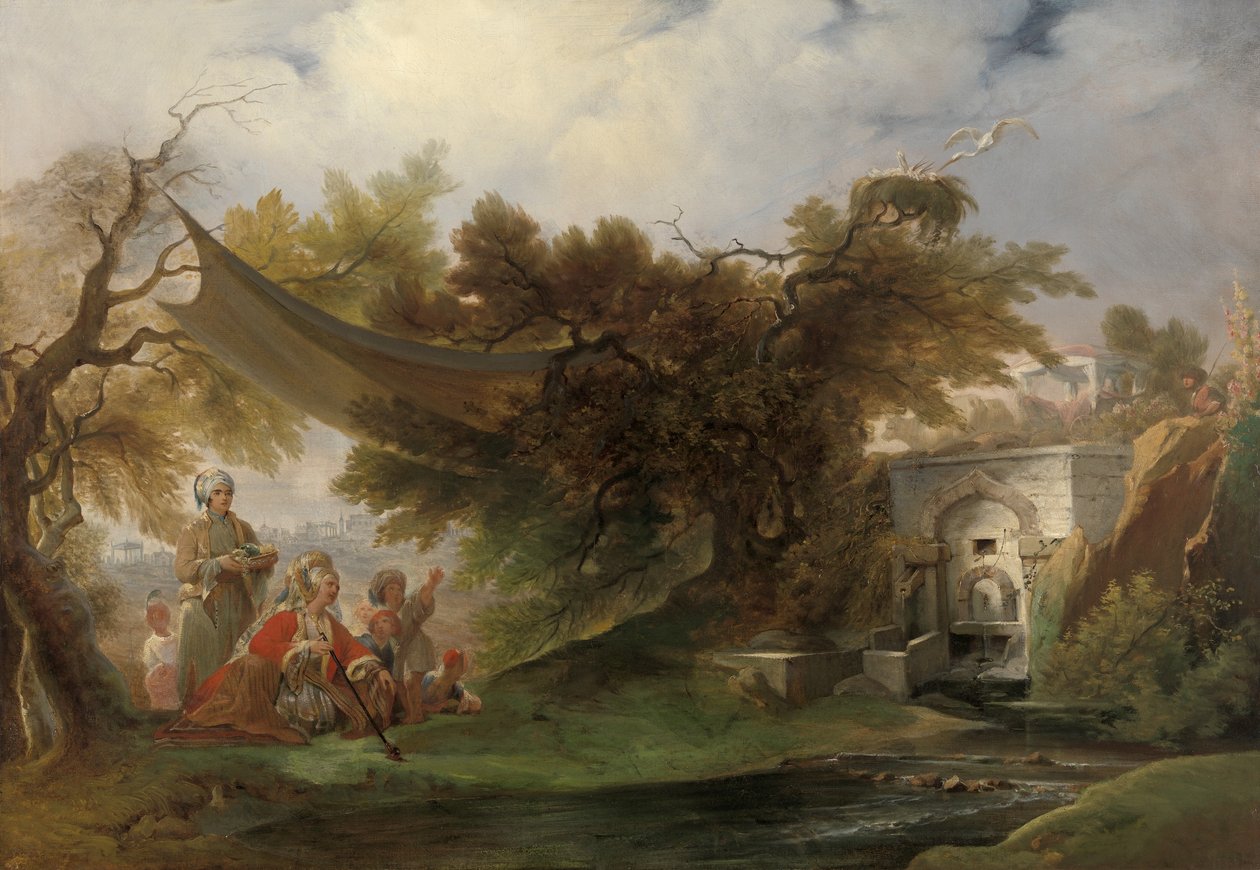 Indyjski pejzaż z postaciami w pobliżu strumienia (olej na płótnie) autorstwa William Daniell