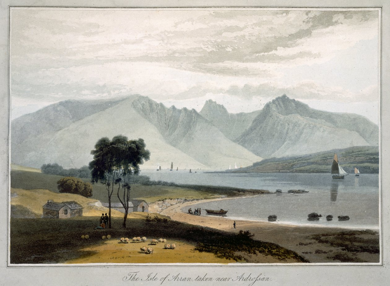 Wyspa Arran widziana z Ardrossan, z „Podróży po Wielkiej Brytanii podjęta między latami 1814 i 1825” opublikowanej w Londynie, 1817 (ręcznie kolorowane grawerowanie) autorstwa William Daniell