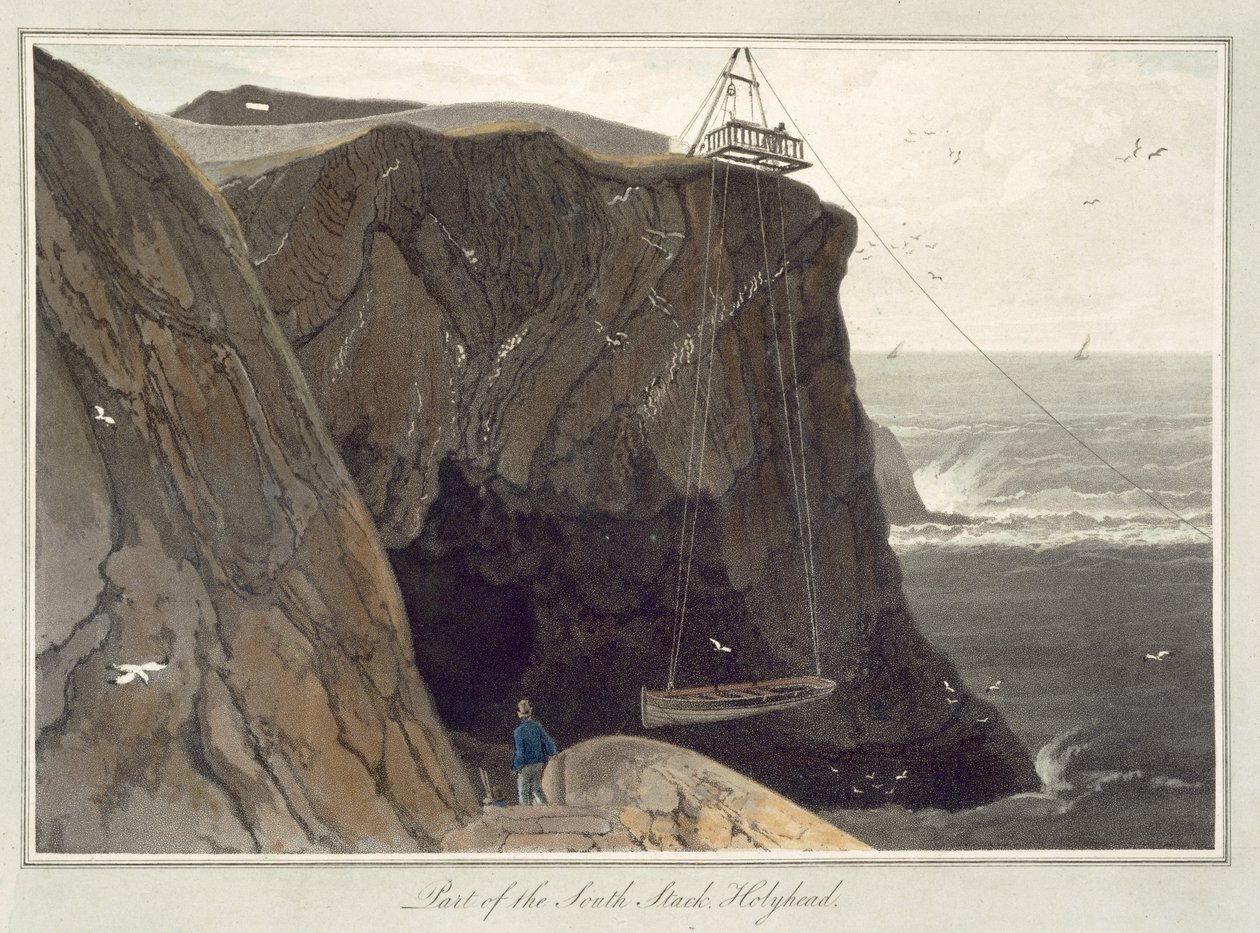 Spuszczanie łodzi z pomostu w Holyhead, z "Podróży dookoła Wielkiej Brytanii odbytej między 1814 a 1825 rokiem" wydanej w 1829 r. autorstwa William Daniell