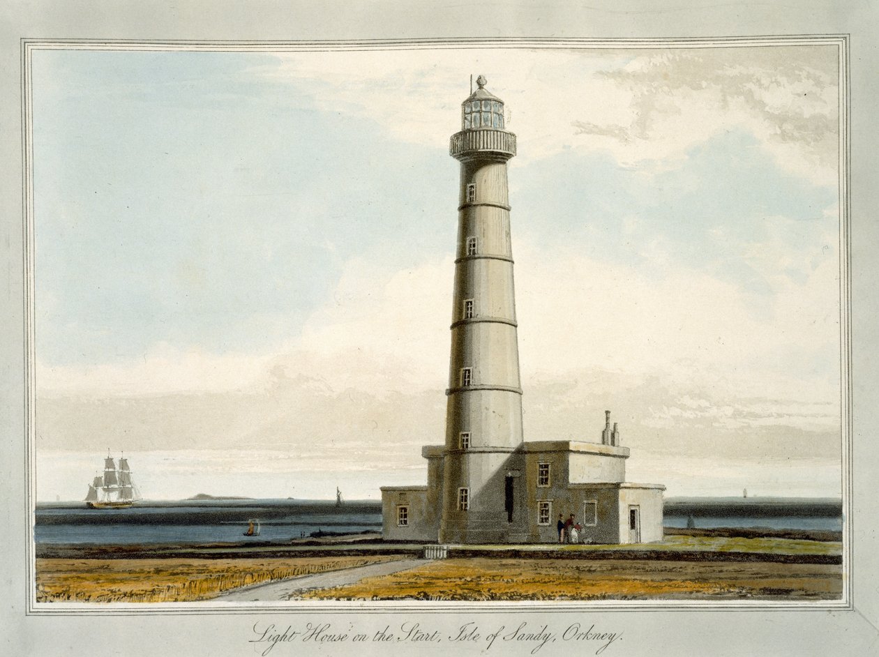Light House on the Start, Isle of Sandy, Orkady, z „Podróży po Wielkiej Brytanii podjęta między latami 1814 i 1825”, opublikowana w 1821 r. autorstwa William Daniell