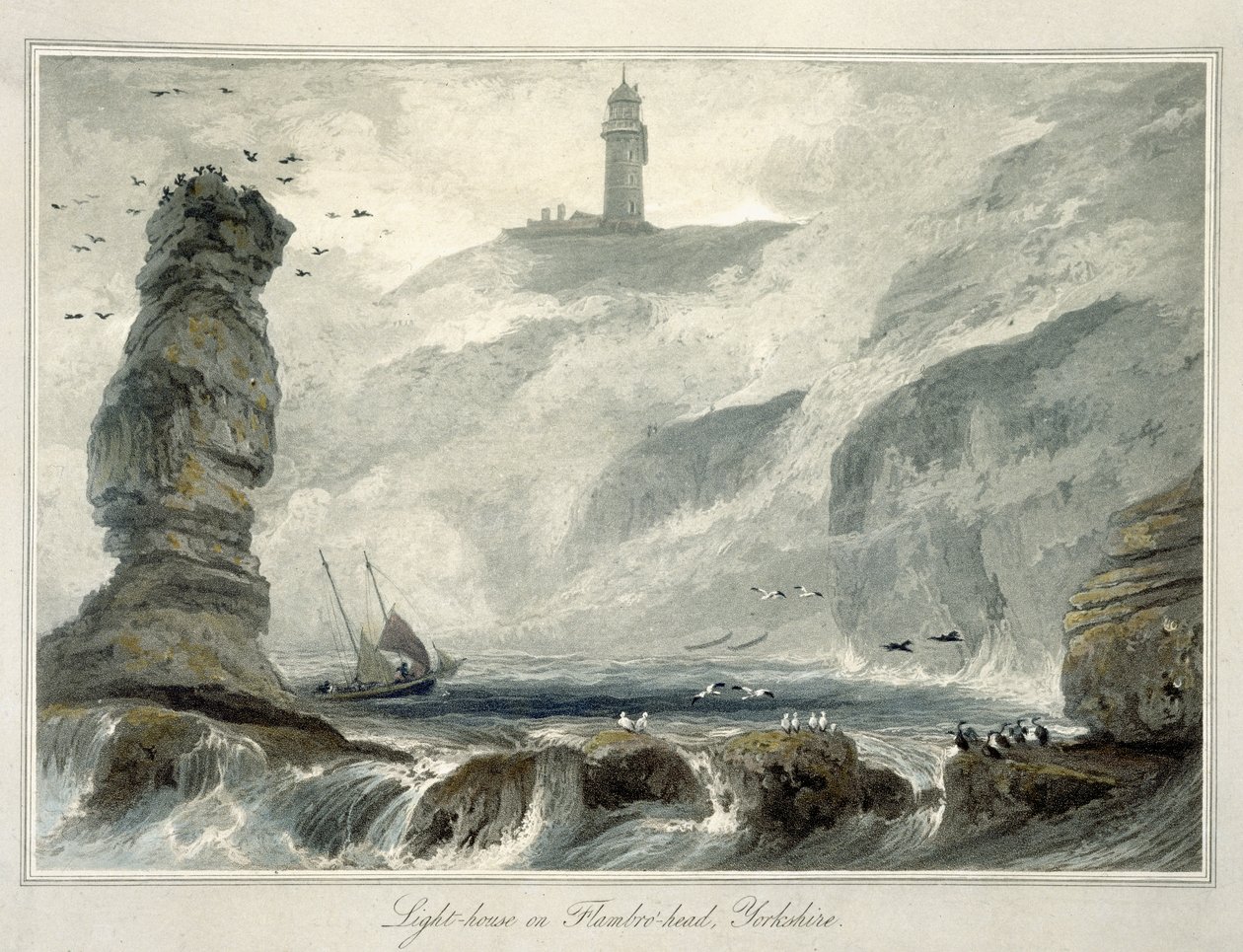 Latarnia morska na Flamborough Head, z tomu VI „Podróży po Wielkiej Brytanii podjęta między latami 1814 a 1825” opublikowana w 1822 r. autorstwa William Daniell