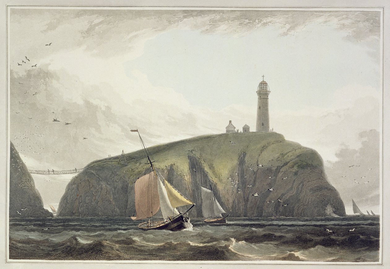 Latarnia morska na South Stack, Holyhead, z „Podróży po Wielkiej Brytanii podjęta między latami 1814 a 1825”, opublikowana w 1815 r. autorstwa William Daniell