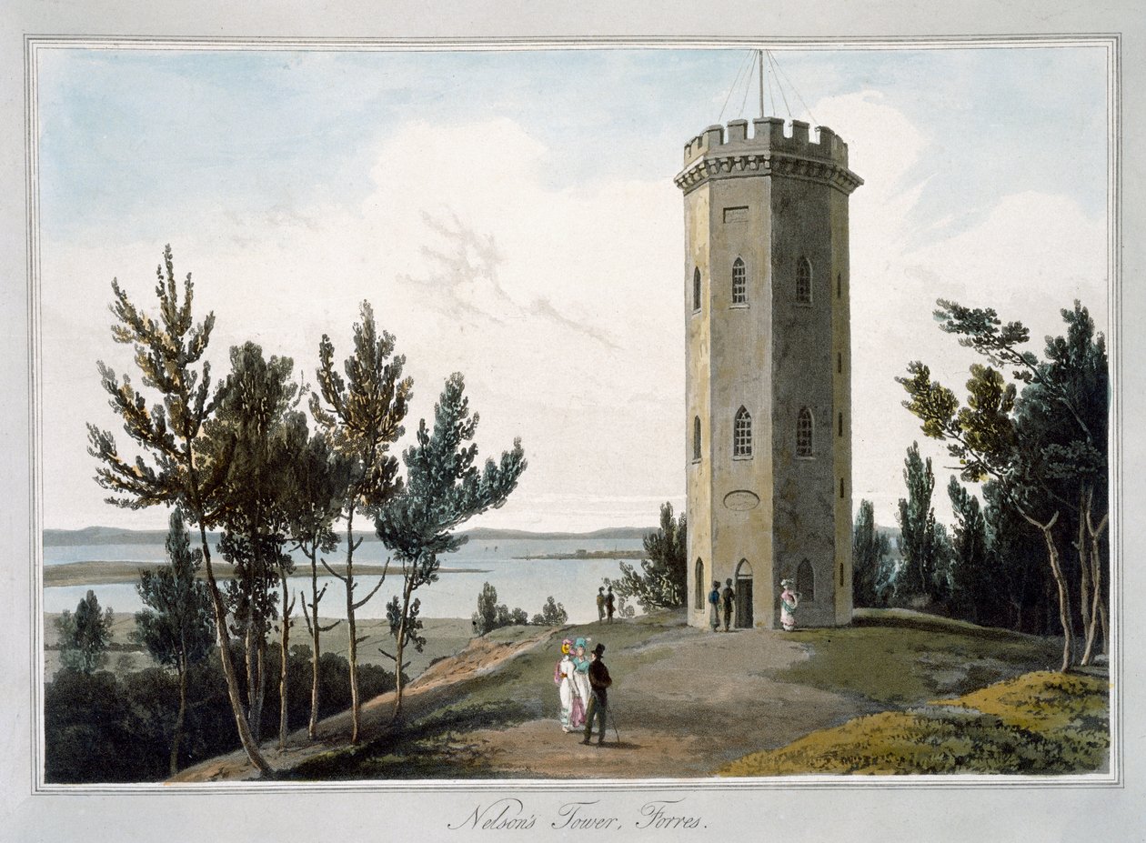„Wieża Nelsona, Forres”, Moray, Szkocja, 1821 r. autorstwa William Daniell