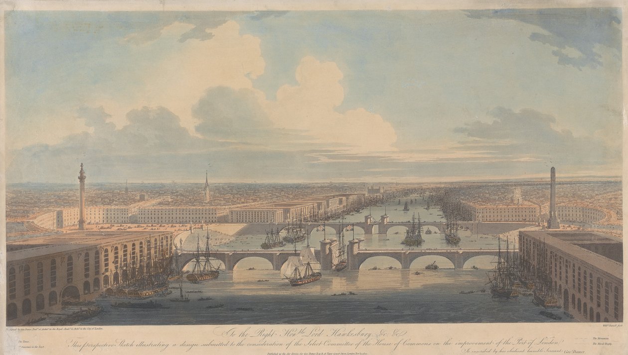 Szkic perspektywiczny ilustrujący projekt ulepszenia portu londyńskiego autorstwa William Daniell